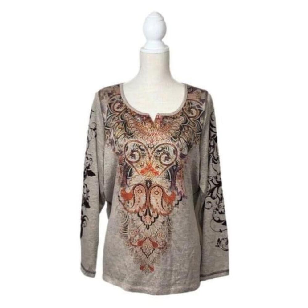 DRESSBARN Womens 1X Knit Top Beige Brown Long Sleeves Velour Stud Detail BNWT